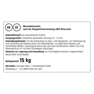 Informationen zum GROW by OBI Rasensand, 15 kg, mit Anwendungs- und Lagerhinweisen.