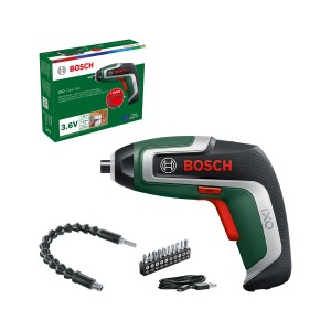 Bosch IXO 7 Akkuschrauber-Set mit Bits, Flexi-Aufsatz und Ladekabel.