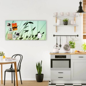 Magnettafel 78x37cm mit Gräser-Motiv in Silber, inklusive Magnete als Wanddekoration.