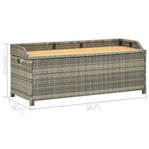Graue VidaXL Gartenbank mit Stauraum aus Poly Rattan und Akazienholz, 120 cm breit.