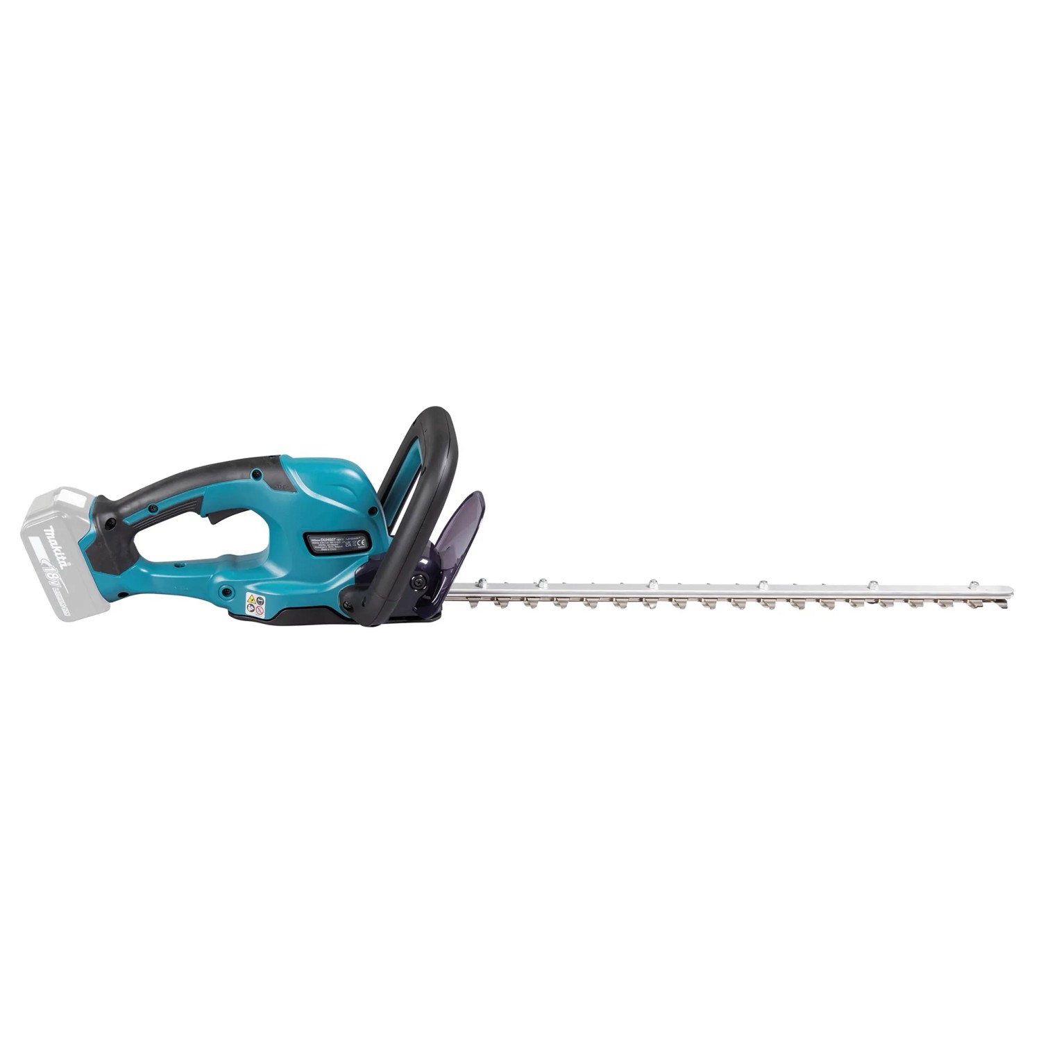 Makita Akku-Heckenschere, türkis/schwarz, mit langem Schneidblatt und Akku. Ergonomischer Griff für Hecken im Garten.