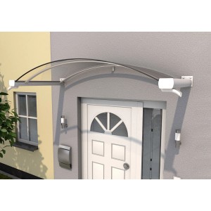 Modernes, weißes Bogenvordach von Gutta mit Acrylglas und Regenrinne am Hauseingang.