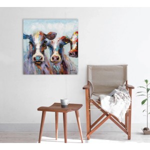 Künstlerisches Leinwandbild Bunte Kühe 60x60 cm, handveredelt, als Dekoartikel im modernen Wohnraum.
