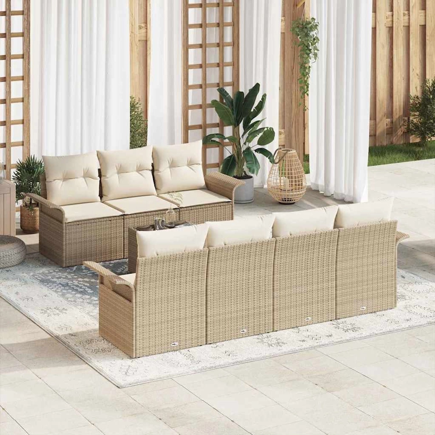Beiges 8-tlg. vidaXL Garten-Sofa-Set aus Poly Rattan mit Tisch für Terrasse und Garten.