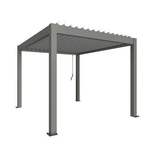 Biohort Pergola in Quarzgrau/Silber-Metallic. Terrassenüberdachung mit Lamellen und integriertem Regenwasserabfluss.
