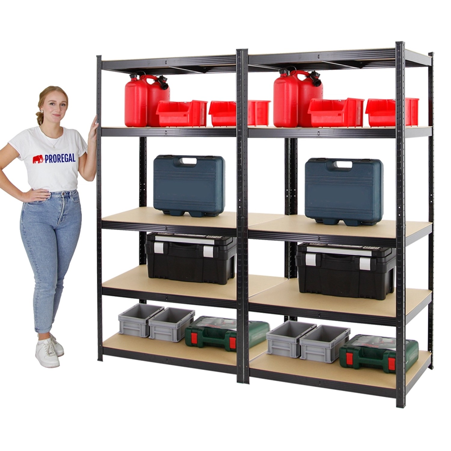 PROREGAL Mega Deal: 2 schwarze Schwerlastregale 180x90x60cm mit Werkzeugkisten und Kanistern.