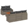 Graues 6-teiliges vidaXL Garten-Sofa-Set aus Poly Rattan mit Kissen und Tisch.