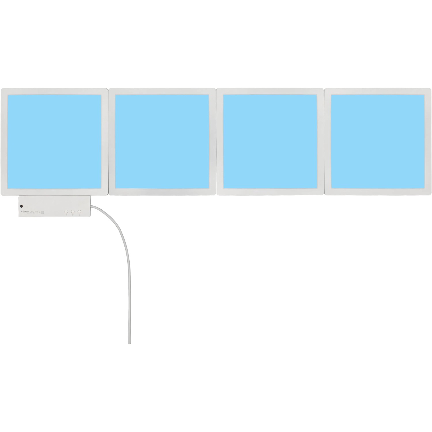 Wofi LED-Lichtkacheln Basis-Set, 4 weiße RGB-Panels mit blauer Beleuchtung.