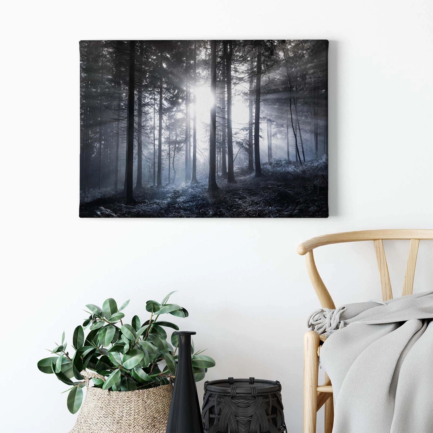 Bricoflor Leinwand Bild Mit Wald In Schwarz Weiß Wandbild Mit Tannenwald In günstig online kaufen