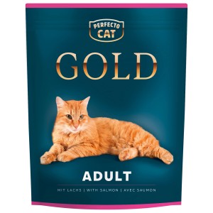 Perfecto Katzen-Nassfutter Gold Adult mit Lachs im dunkelblauen Beutel mit roter Katze.