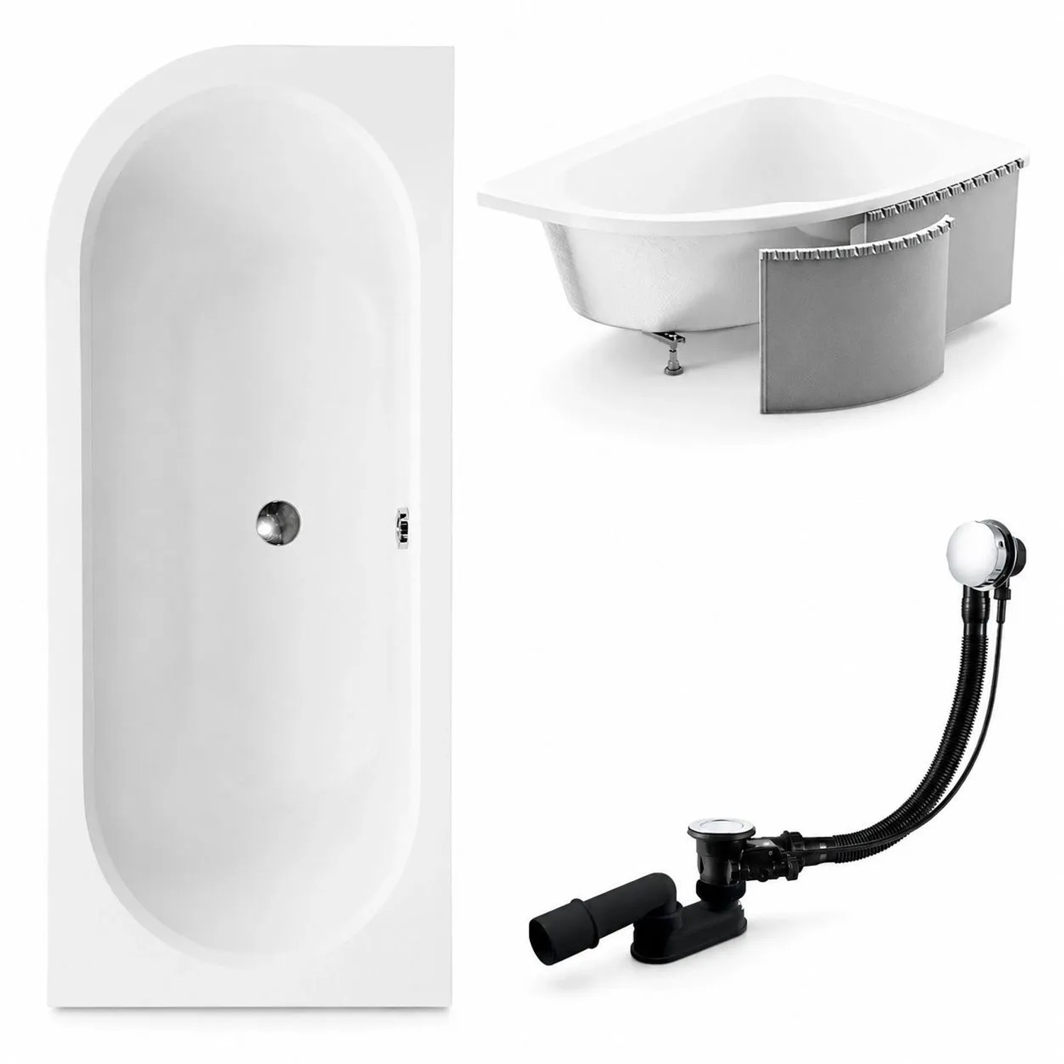 KOLMAN Badewanne Eckwanne 150 x 75 Cm Rechts Mit Styroporverkleidung Inkl. Ablauf Und Füße