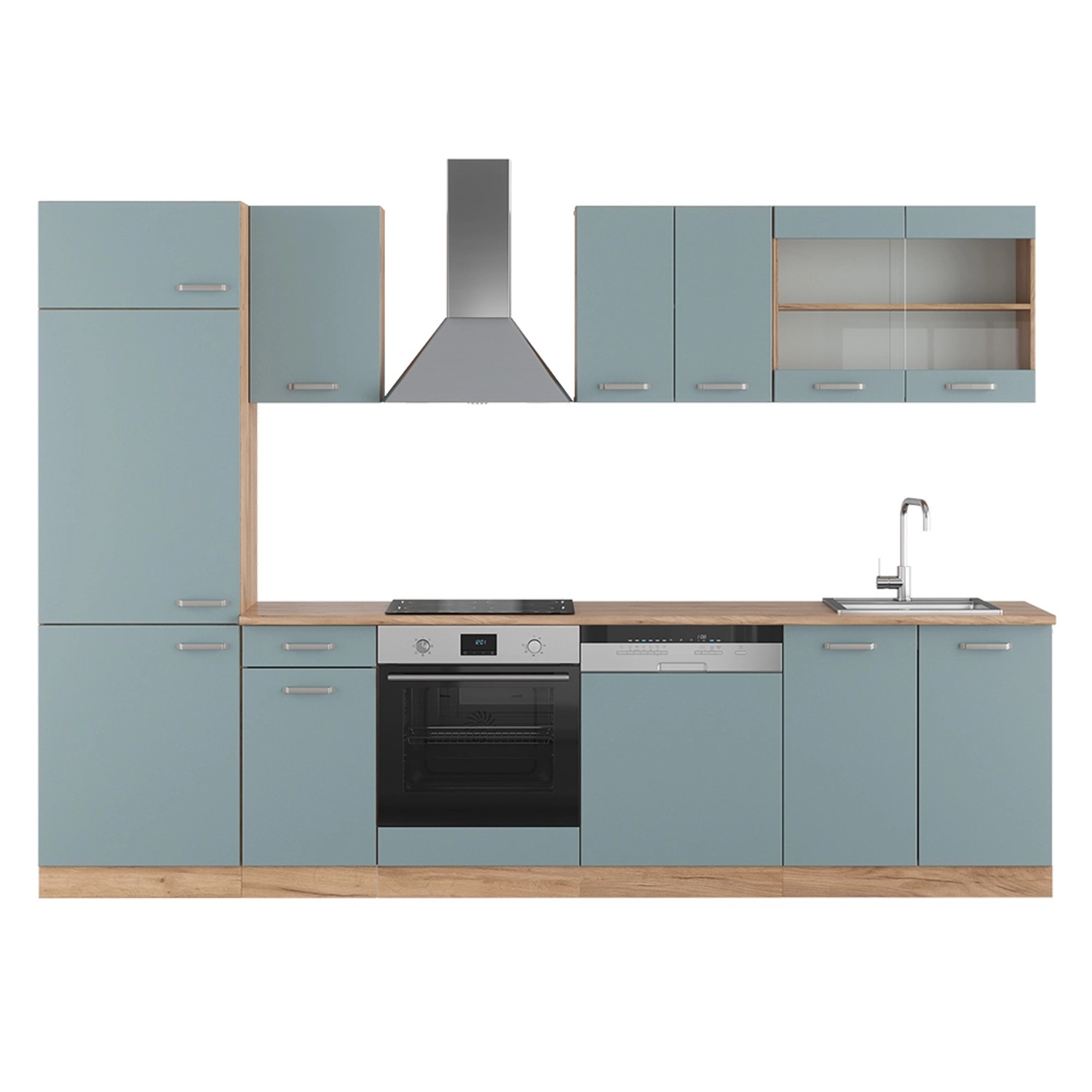 Vicco R-Line Küchenzeile Blau-Grau/Goldkraft Eiche 300 cm AP Eiche günstig online kaufen