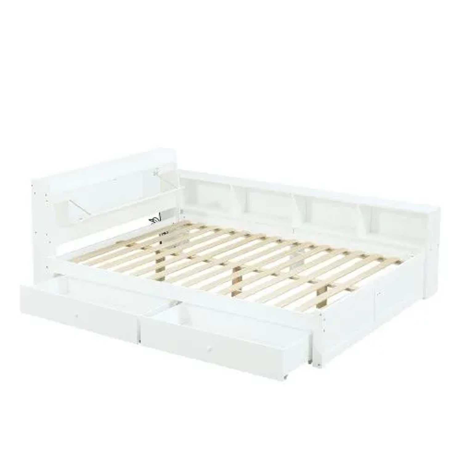 KOMHTOM Doppelbett 140 x 200 Cm  Kopfteil Mit Stauraum Und 2 Lampen  Mit Steckdose  Seitlichen Schränken Und Schubladen  Weiß