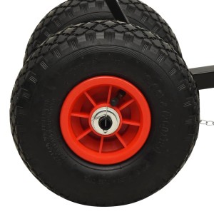 Detailaufnahme der Räder der vidaXL Schneeschaufel mit roten Felgen und schwarzen Reifen.