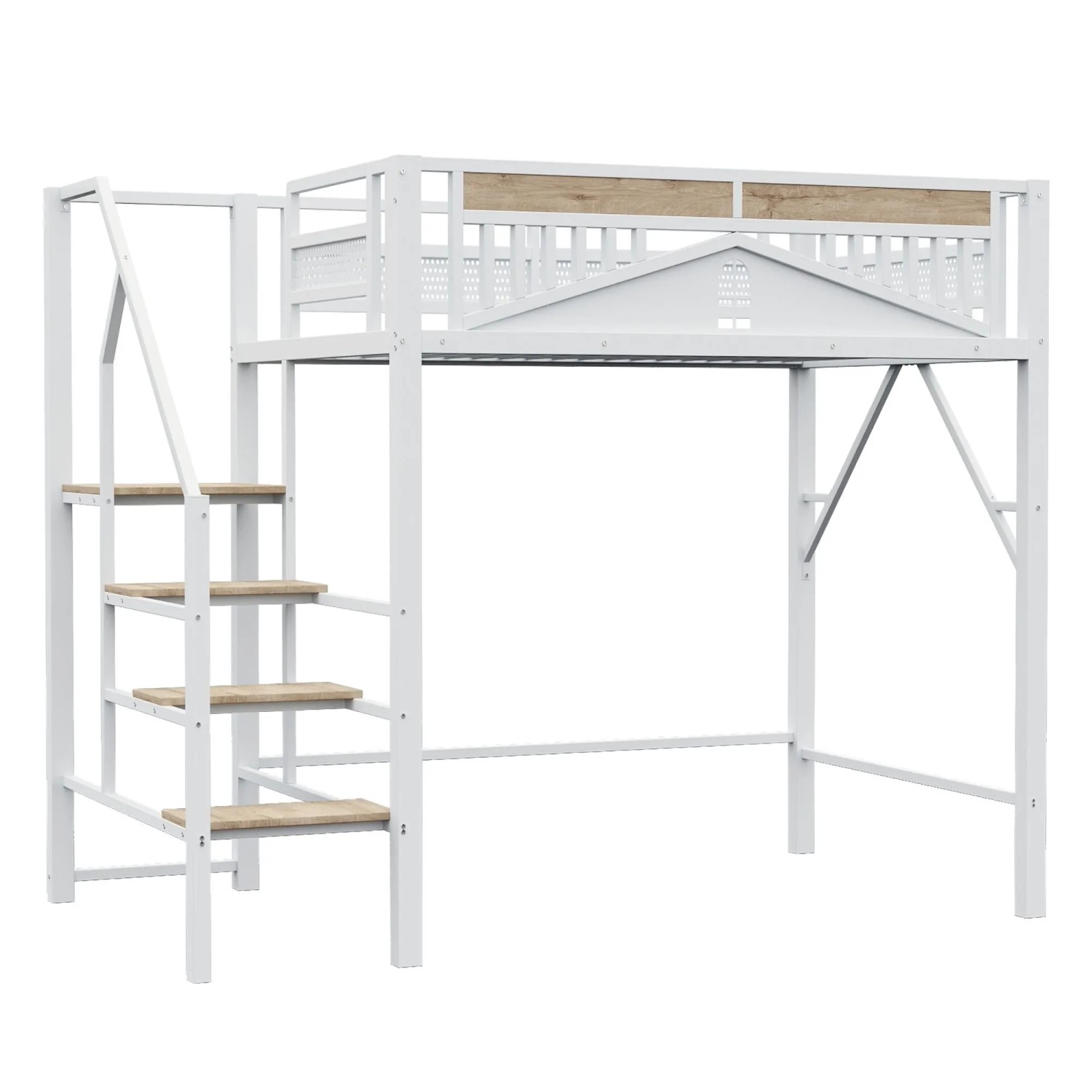 okwish Hochbett 140x200cm mit Sicherheitsumrandung Leiter Jugendbett Weiß ohne Matratze
