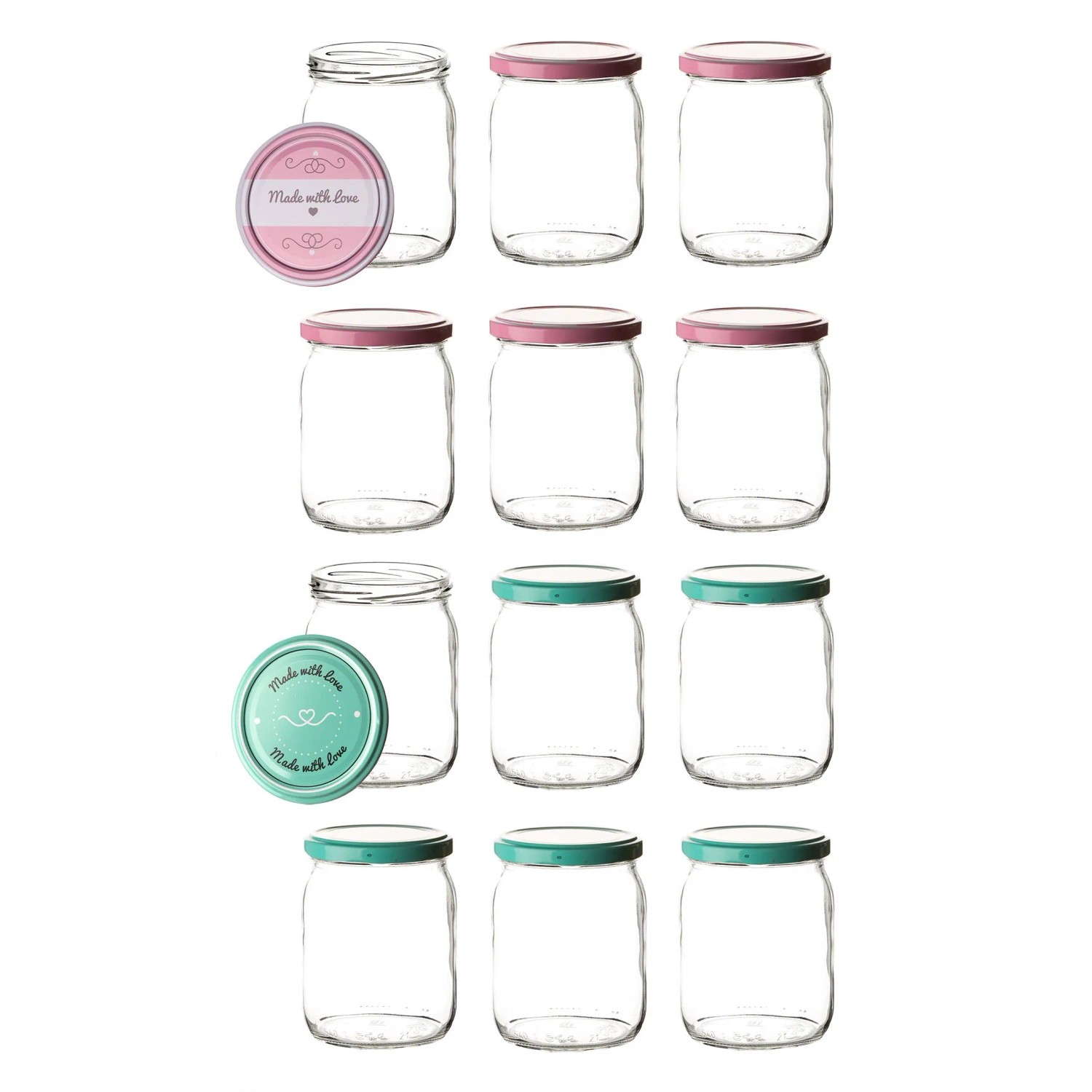 BigDean 12er Set Einmachgläser Mit Deckel In Rosa Und Pastell Grün In Made With Love Stil 540ml Sturzgläser Marmeladenglas BigDean 12er Set Einmachgläser mit Deckel in Rosa und Pastellton in Made With Love Stil 540ml Sturzgläser Marmeladenglas