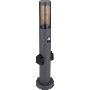 Globo Boston Sockelleuchte, Edelstahl Anthrazit, mit 2 Steckdosen und Bewegungssensor.