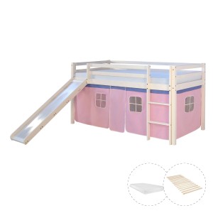 Homestyle4u Hochbett 90x200 mit Vorhang Lattenrost Matratze Rutsche in Weiß 2558