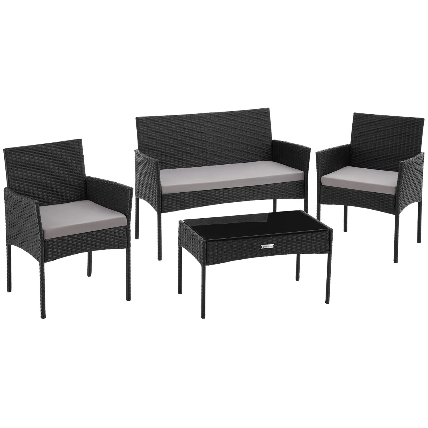 Tectake Rattan Gartenset Palese Für 4 Personen Wasserabweisende  Abnehmbare Polyesterbezüge  57 x 104 x 79 cm Schwarz