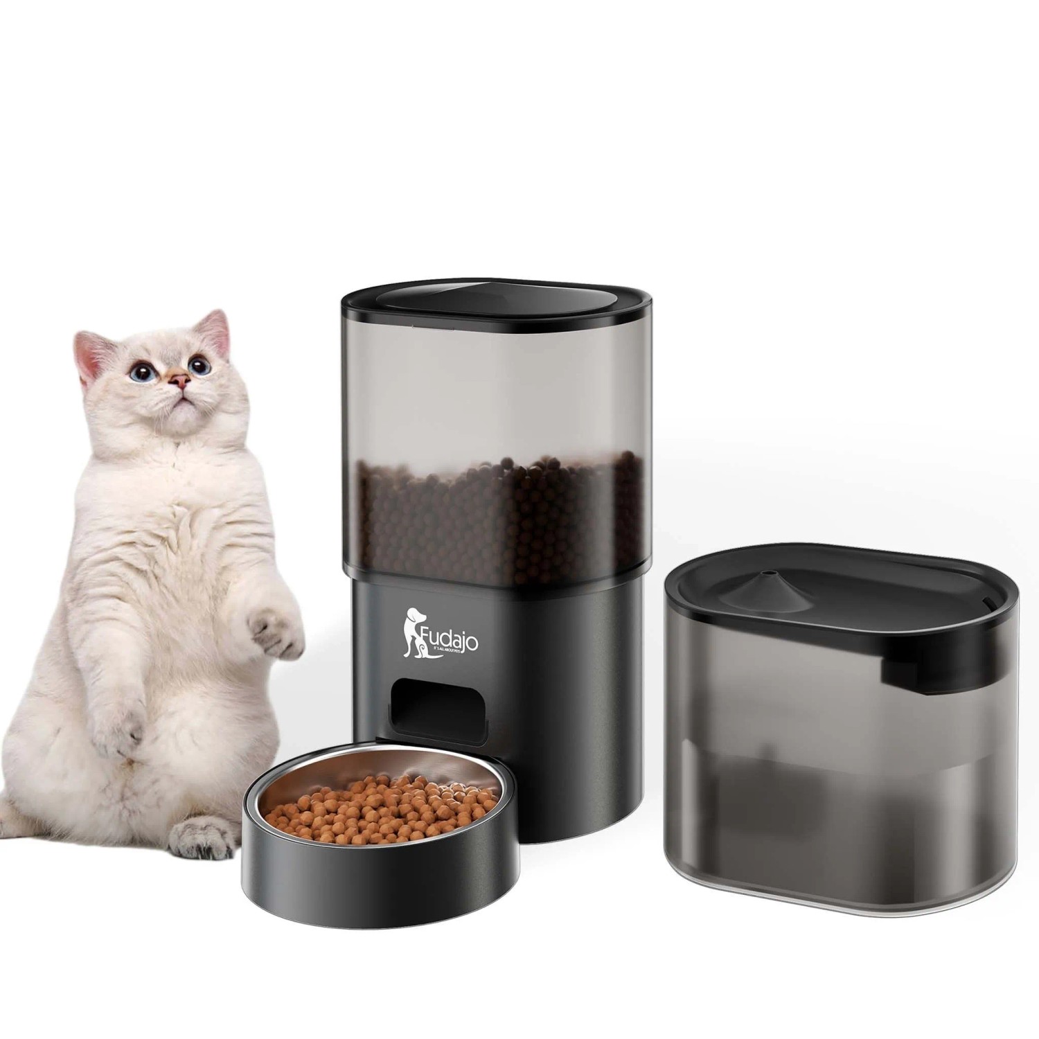 Fudajo Futter- Und Trinkautomat Schwarz Katze Hund 3L Futterspender Trinkbrunnen