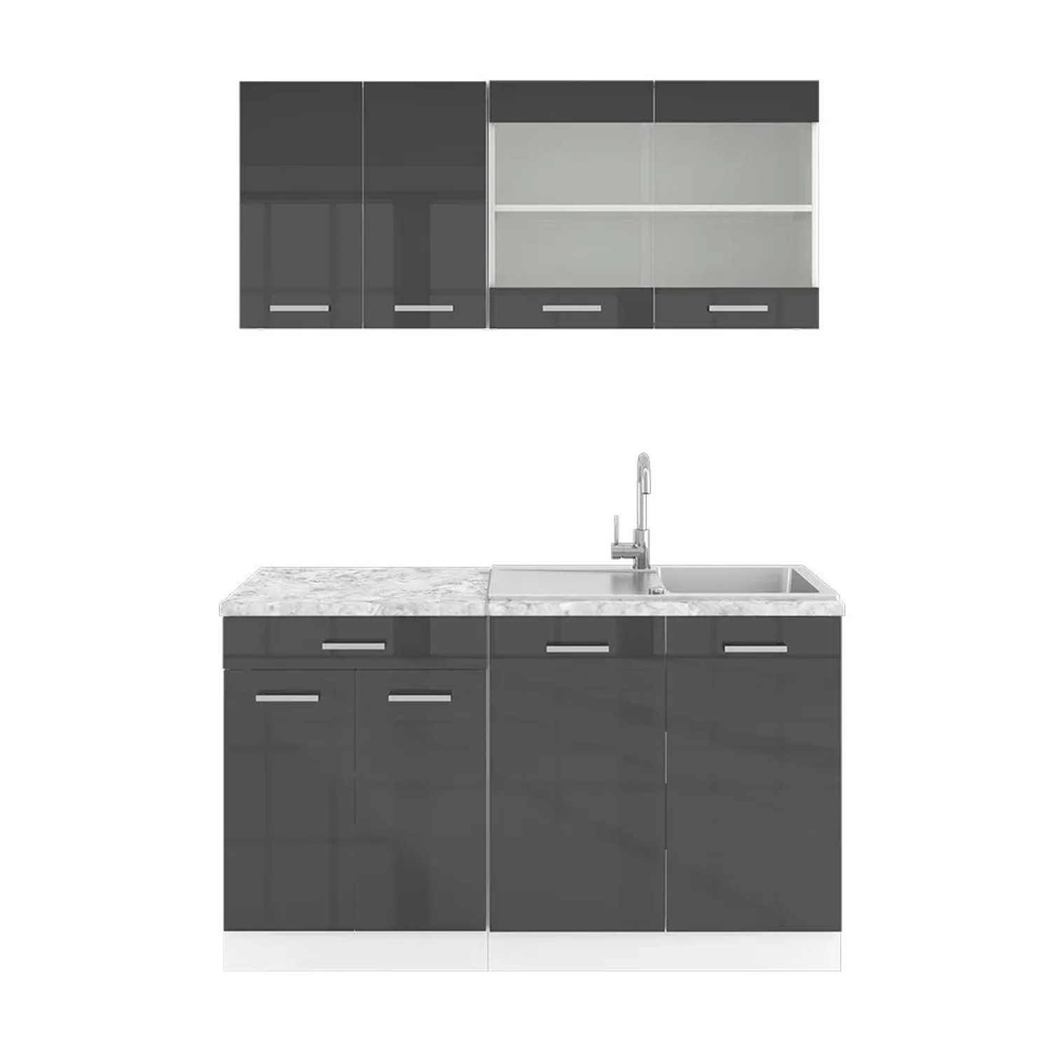 Vicco R-Line Singleküche Anthrazit Hochglanz Weiß 140 cm AP Marmor ohne E-Geräte