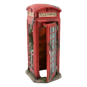 Rote Aquarium Dekofigur imitiert eine Telefonzelle mit geöffneter Tür.
