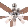 GLOBO Deckenventilator Jerry mit 5 Flügeln in Holzoptik, Nickel-Gehäuse und 5 Leuchten.