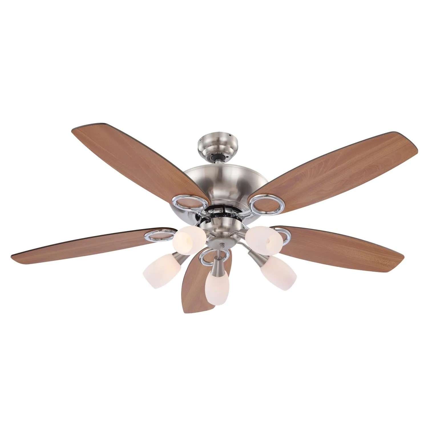GLOBO Deckenventilator Jerry mit 5 Flügeln in Holzoptik, Nickel-Gehäuse und 5 Leuchten.
