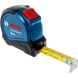 Bosch Professional Autolock Maßband, 8 m, blaues Gehäuse mit gelbem Band und rotem Knopf.