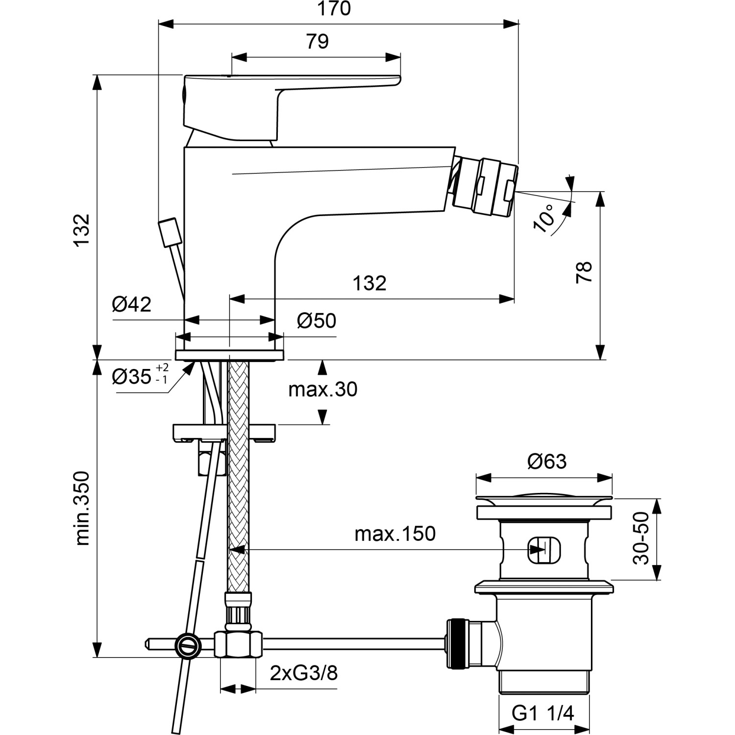 Technische Zeichnung: Ideal Standard Cerafine O Bidetarmatur in Chrom mit Maßangaben.