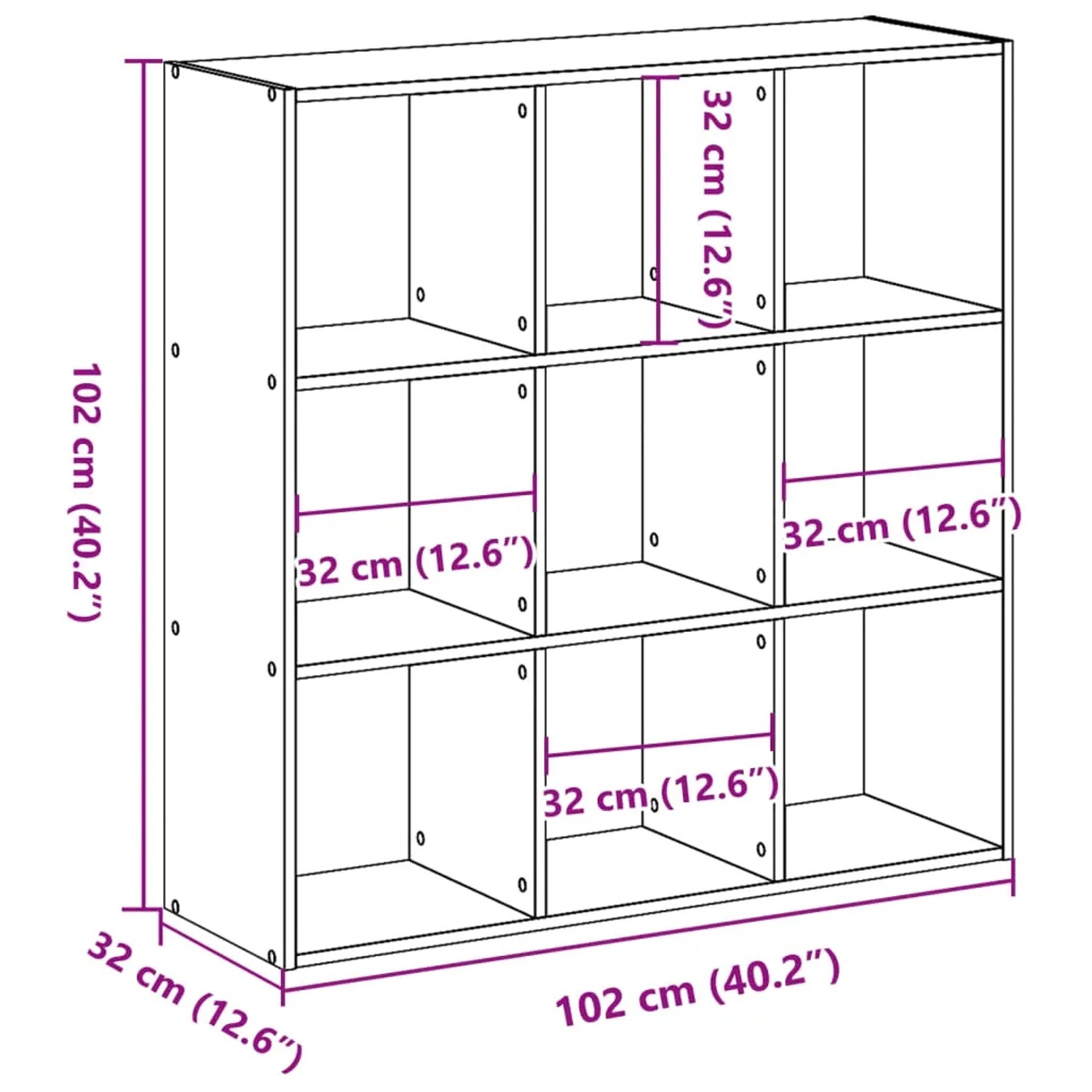 vidaXL Bücherregal in Altholz-Optik, 102x32x102 cm, Holzwerkstoff, mit 9 Fächern.
