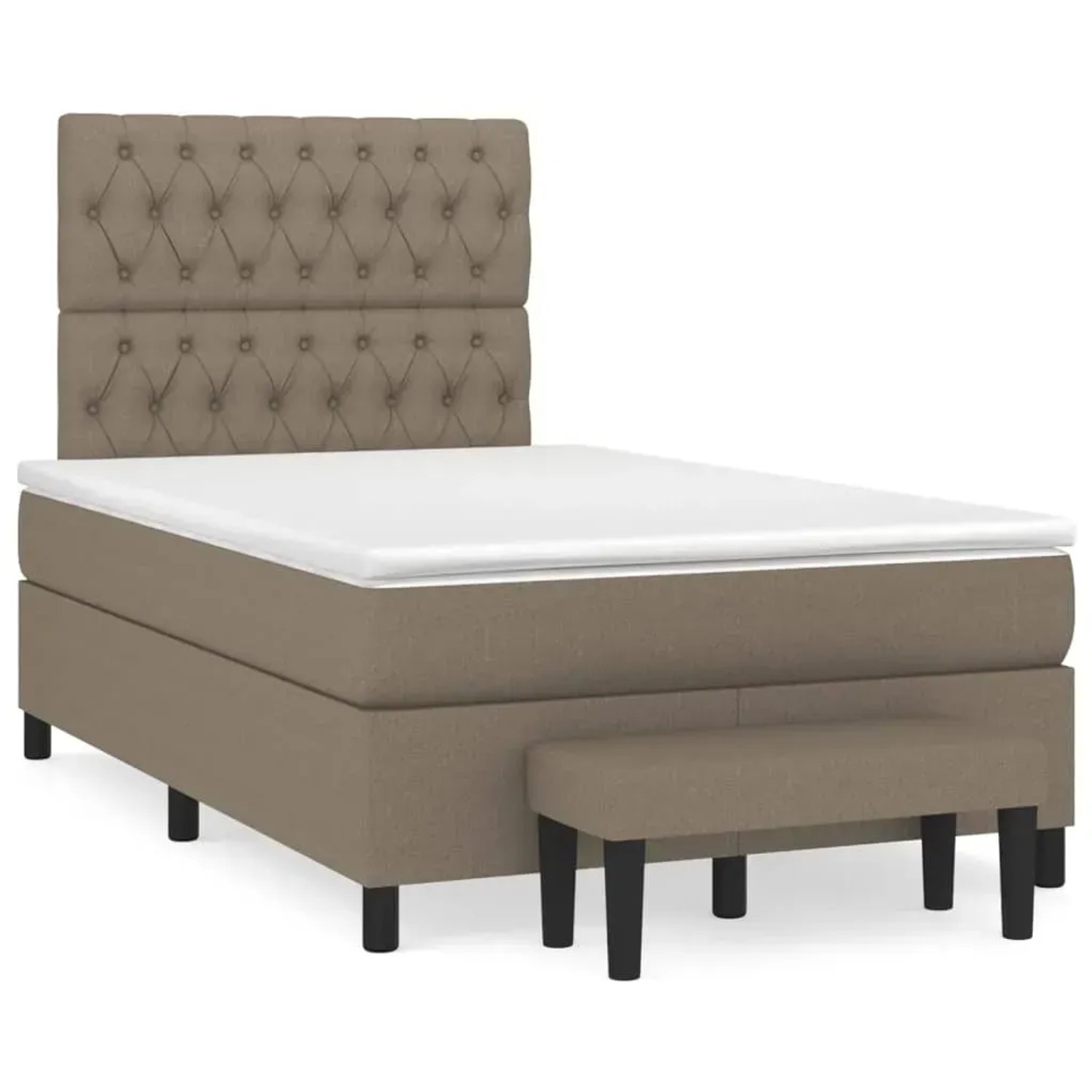 Boxspringbett Taupe (120x190 cm) mit Matratze und Bank. Stoffbezug, gestepptes Kopfteil.