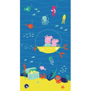 Fototapete mit Peppa Wutz im U-Boot, Unterwasserwelt mit Schatzkiste, blau-gelb, 1,5x2,7m.