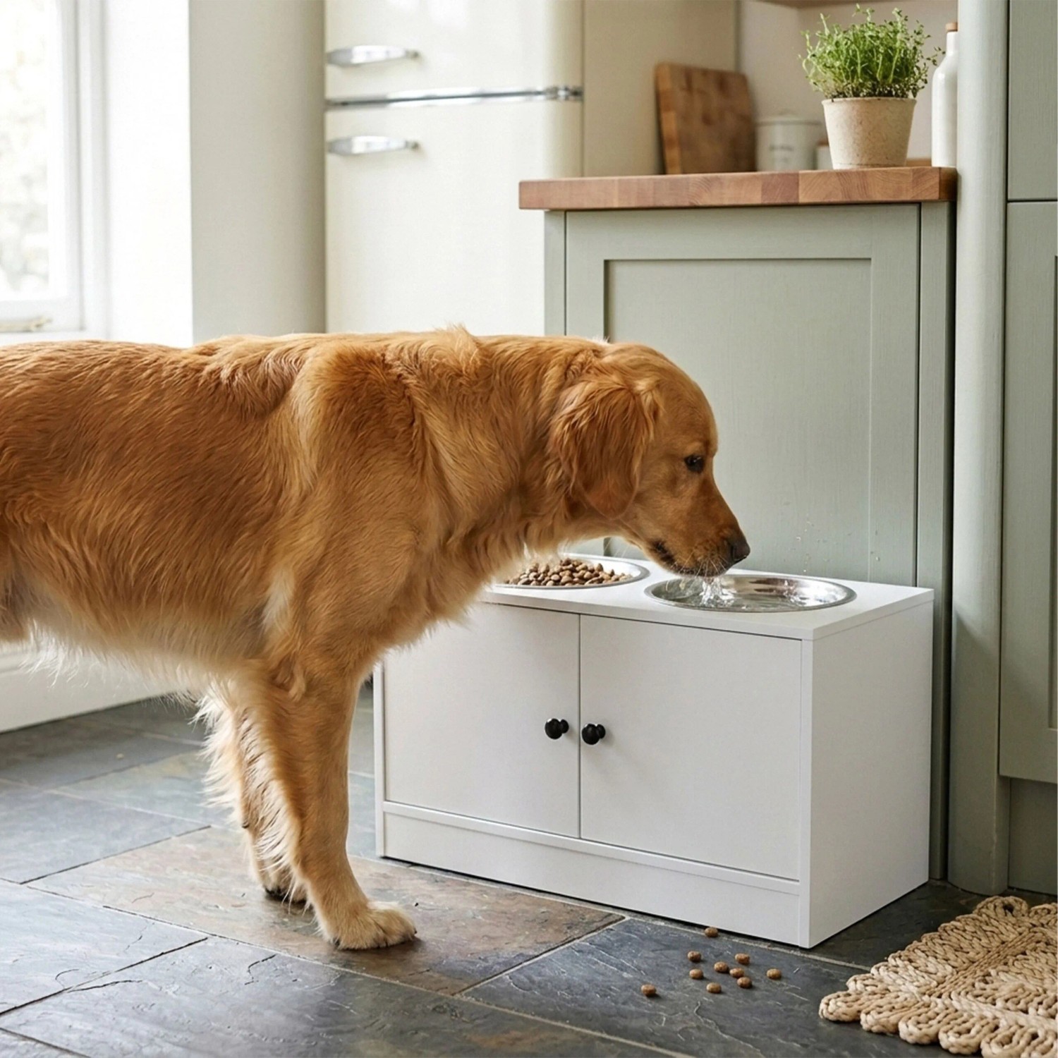 Weiße erhöhte Hundefutterstation aus MDF mit Edelstahlnäpfen und Schrankfach. Golden Retriever frisst.