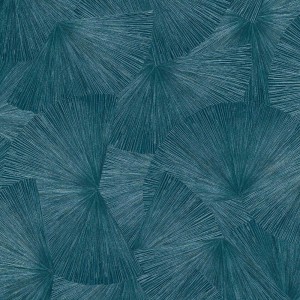 Blaue Vliestapete mit Metallic-Effekt und Fächer-Muster für Wohnzimmer.