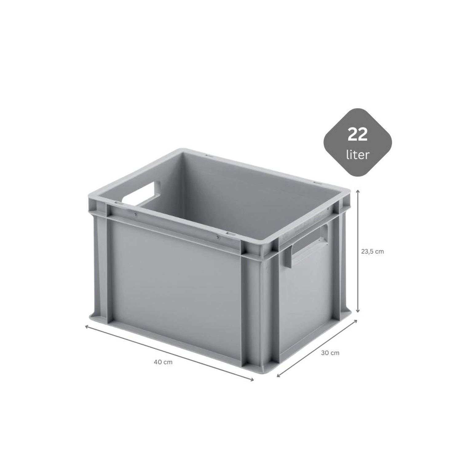 Graue Eurobox, 22 Liter, mit offenem Griff. Ideal als Transport- und Stapelbehälter.