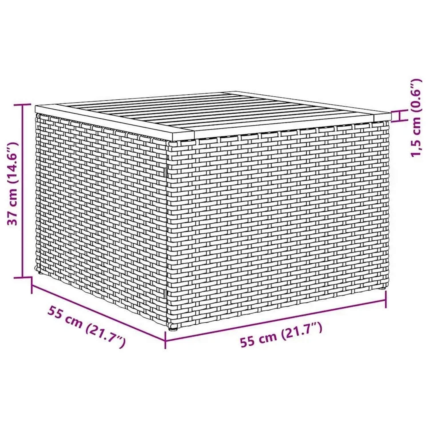 Detailaufnahme eines schwarzen vidaXL Gartenmöbel-Elements aus Polyrattan mit Maßangaben.
