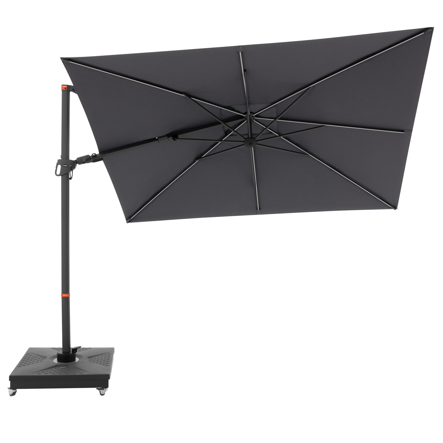 Anthrazitfarbener Doppler Ampelschirm MyZone 300x220 cm mit Kurbel und rechteckigem Schirm.