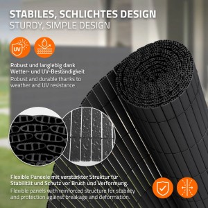 Anthrazitfarbene PVC Sichtschutzmatte, 100x500 cm, gerollt. Wind- und Sichtschutz für Zaunbau.