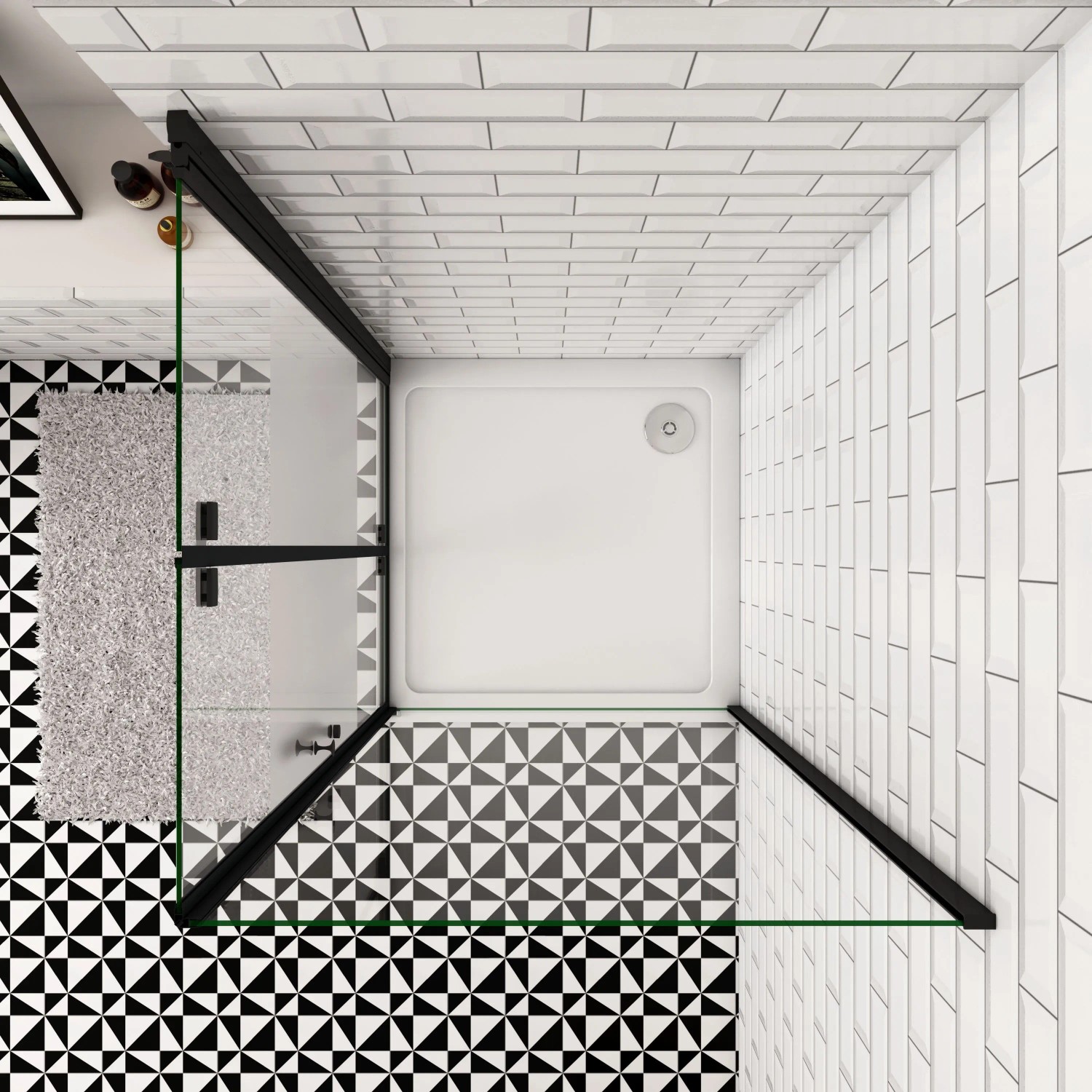 Eckdusche mit Falttür und Seitenwand, 120x70 cm, Schwarz, teilsatiniert, mit Stabilisator.