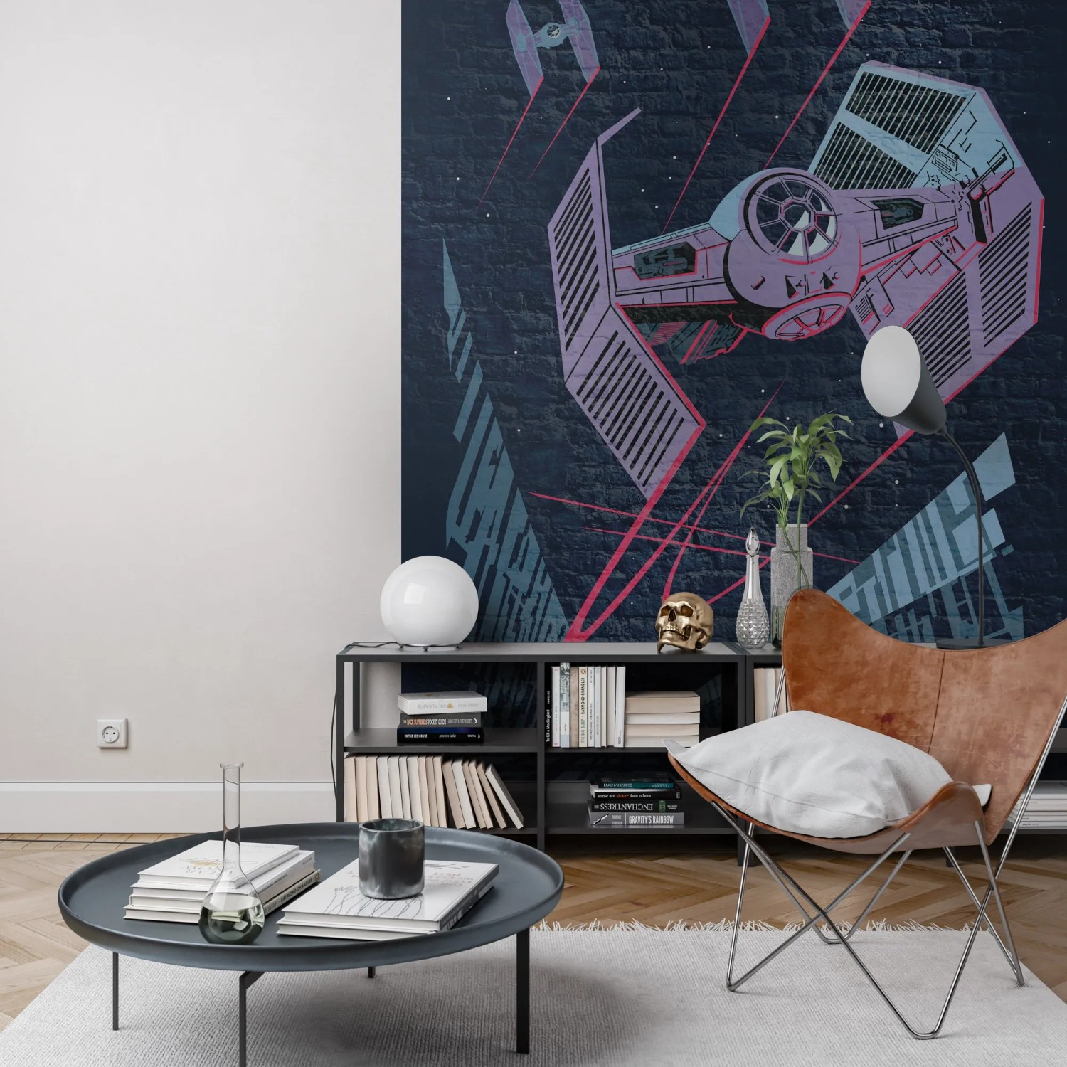 Komar Vlies Fototapete Star Wars TIE-Fighter auf dunkler Backsteinwand, 200x280 cm.