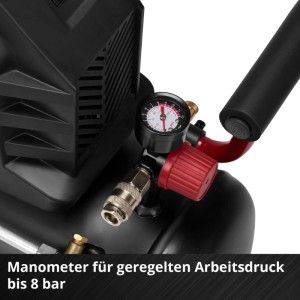 Detailaufnahme: Einhell Kompressor TC-AC 190/24/8 I OF mit Manometer und Druckminderer.