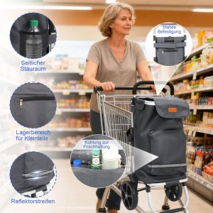 Sekey 3-in-1 Einkaufstrolley grau mit Kühlfach und Spanngurt im Einsatz im Supermarkt.