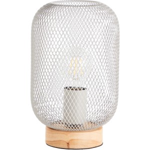 Helle Design-Tischlampe Giada mit Gitterstruktur und Holzfuß, 26,5 cm hoch.