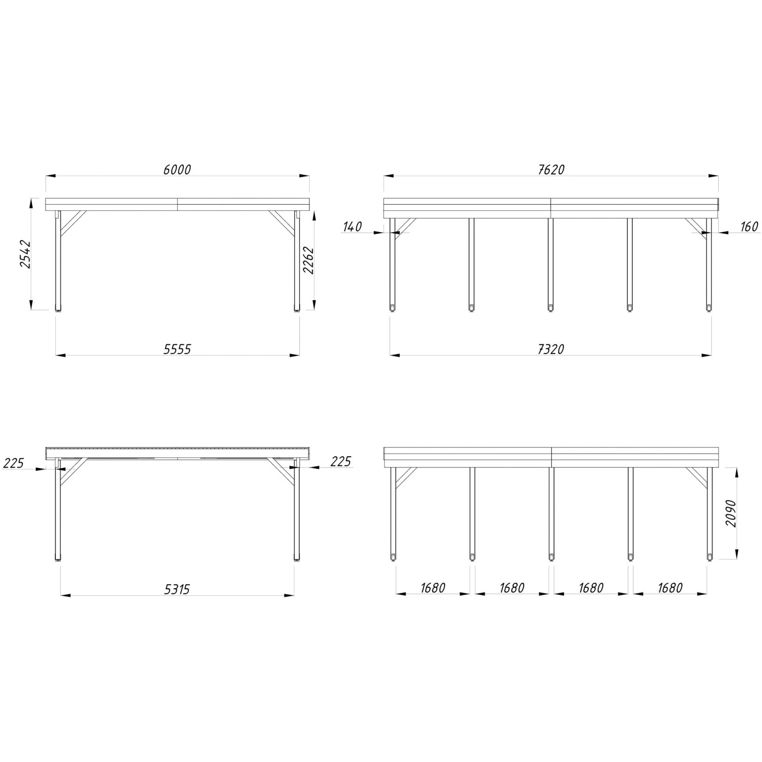 Technische Zeichnung: Palmako Doppelcarport Karl, braun, Maße und Details.