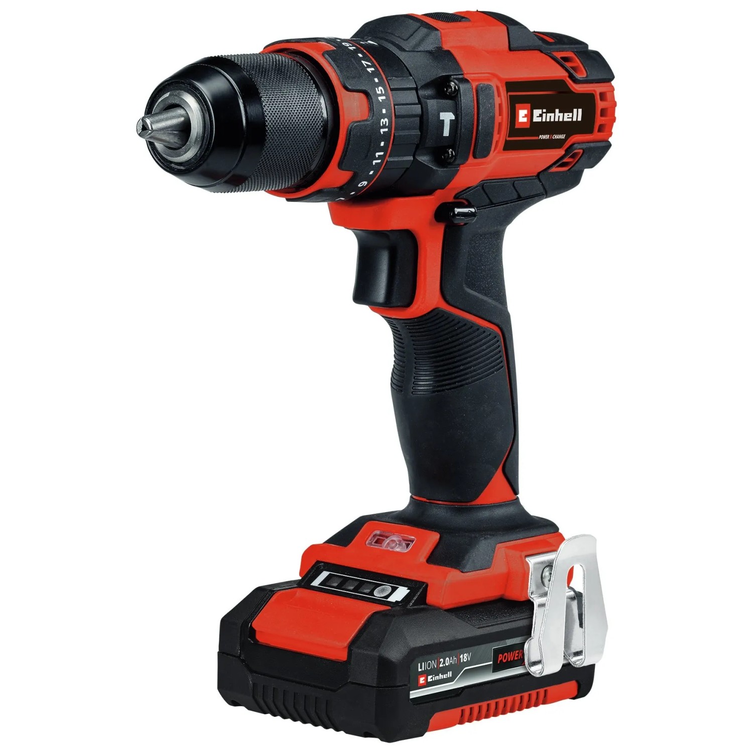 Einhell Akku-Schlagbohrschrauber TE-CD 18/40 Li-i +64, rot/schwarz, mit Akku und Zubehör.