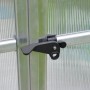 Detailaufnahme: Schwarzer Türgriff am Palram Canopia Bella Gewächshaus mit Stegplatten.