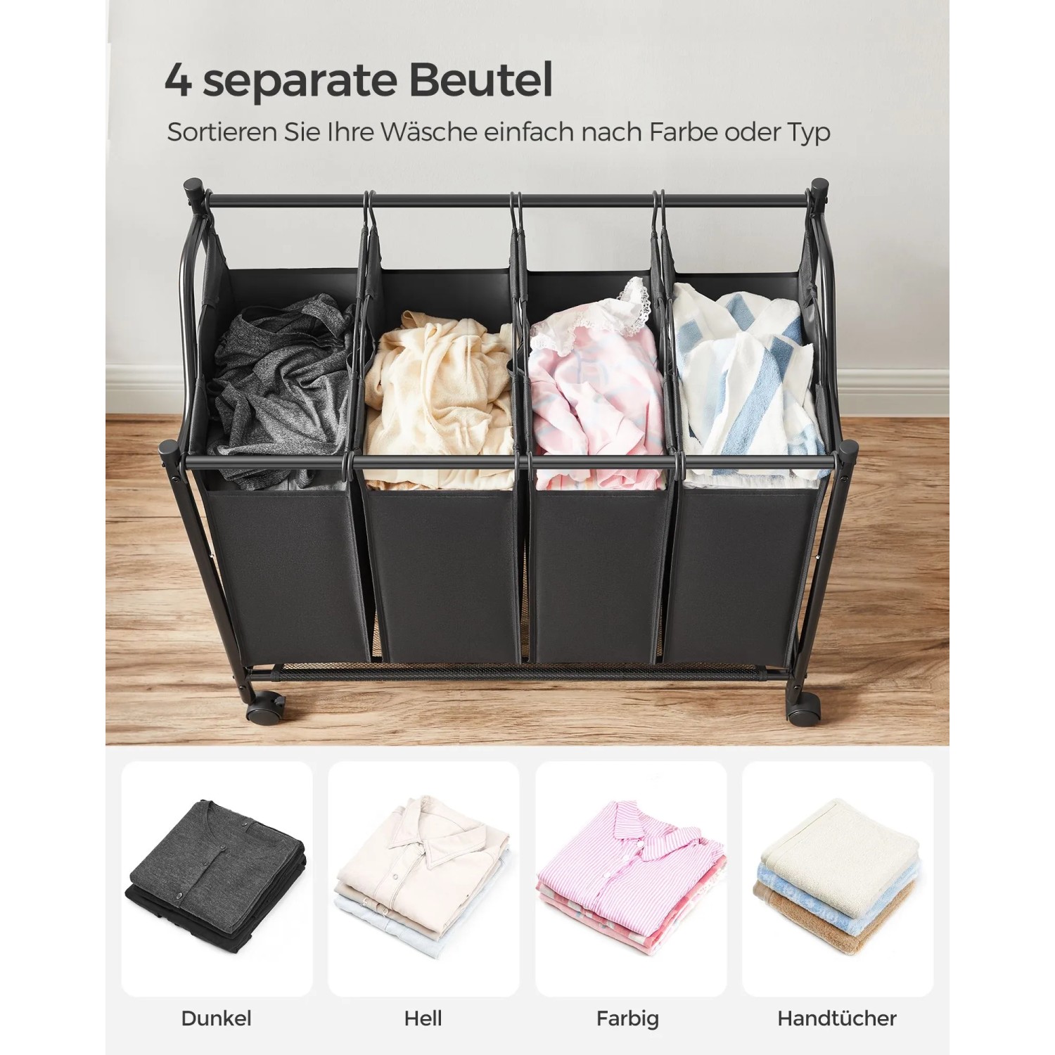 Schwarzer Songmics Wäschesortierer mit 4 Fächern und Rollen, gefüllt mit Wäsche.