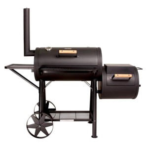 Schwarzer Taino Yuma Smoker BBQ Grillwagen aus massivem Stahl mit Offset-Feuerbox, Holzgriffen und Rädern.