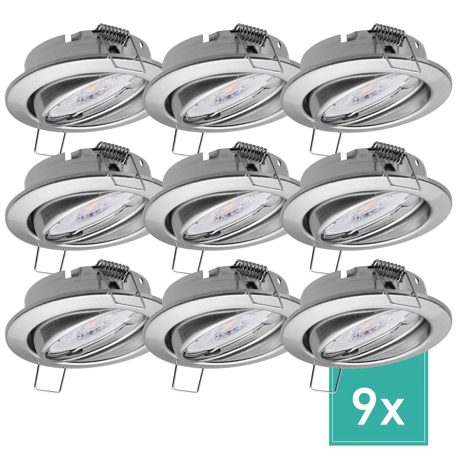 Oktaplex Dijon 9er Set Edelstahl-Optik LED-Einbaustrahler Schwenkbar Warmweiß 3000K 4,8W 230V 68 mm Lochmaß Flach